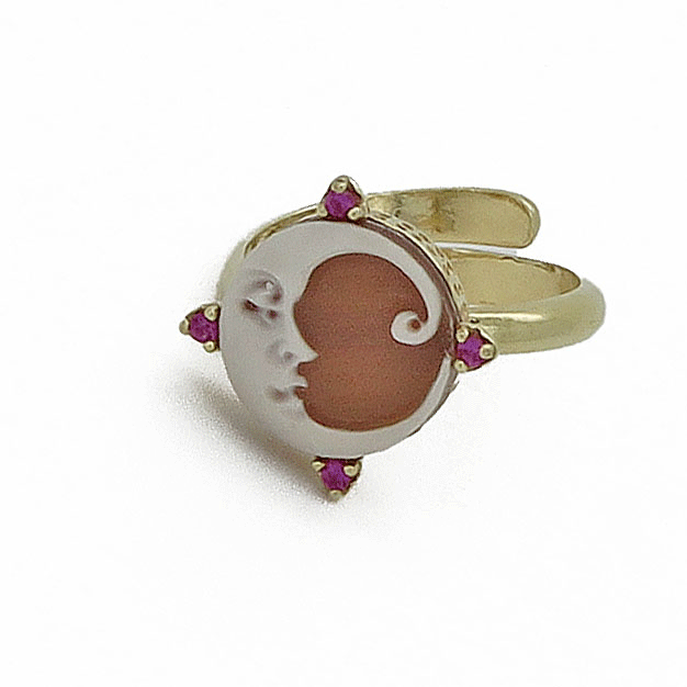 Ring con cammeo luna e cristalli rossi